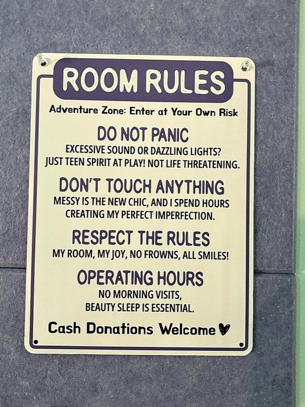 Room Rules Wall Sign Gray & Purple